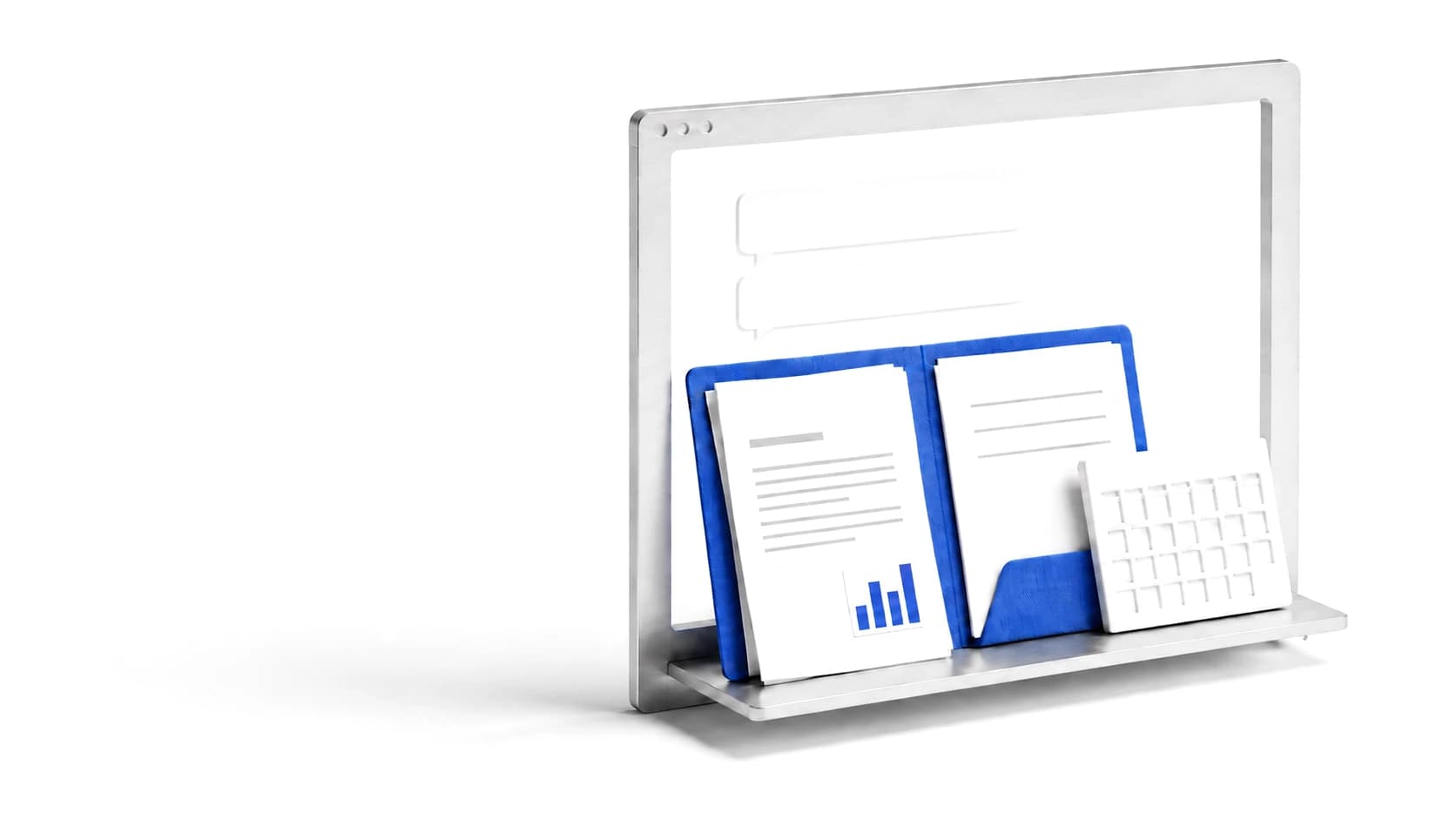A silver workspace frame with chat bubbles, a cobalt folder, documents, a chart, and a calendar.