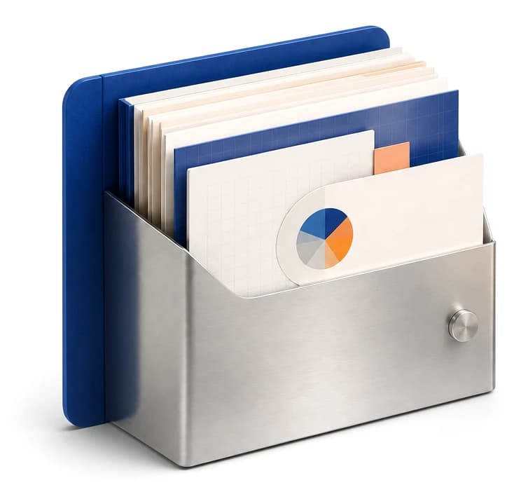 A steel document box holding a cobalt folder and setup guides.