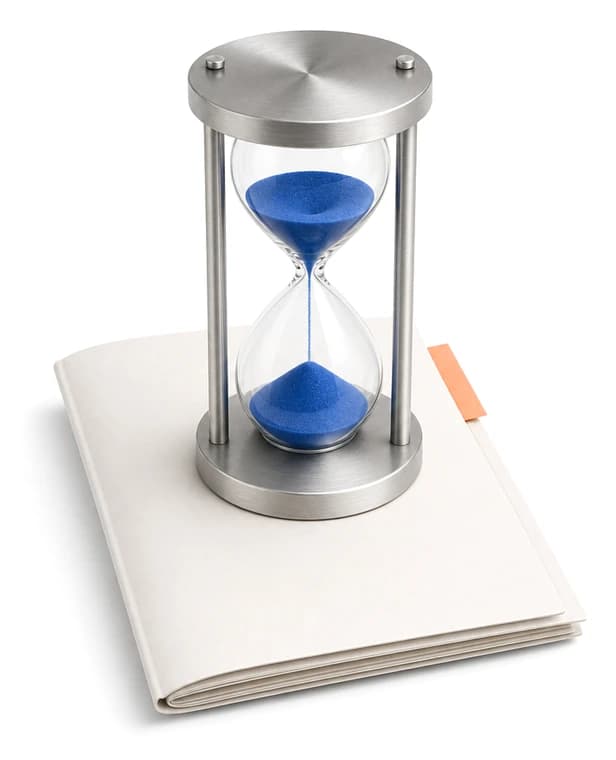 An hourglass with cobalt sand standing on a cream folio.