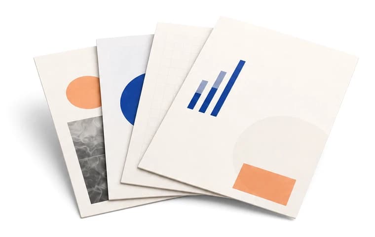 A fan of four skill sheets marked in cobalt and peach.