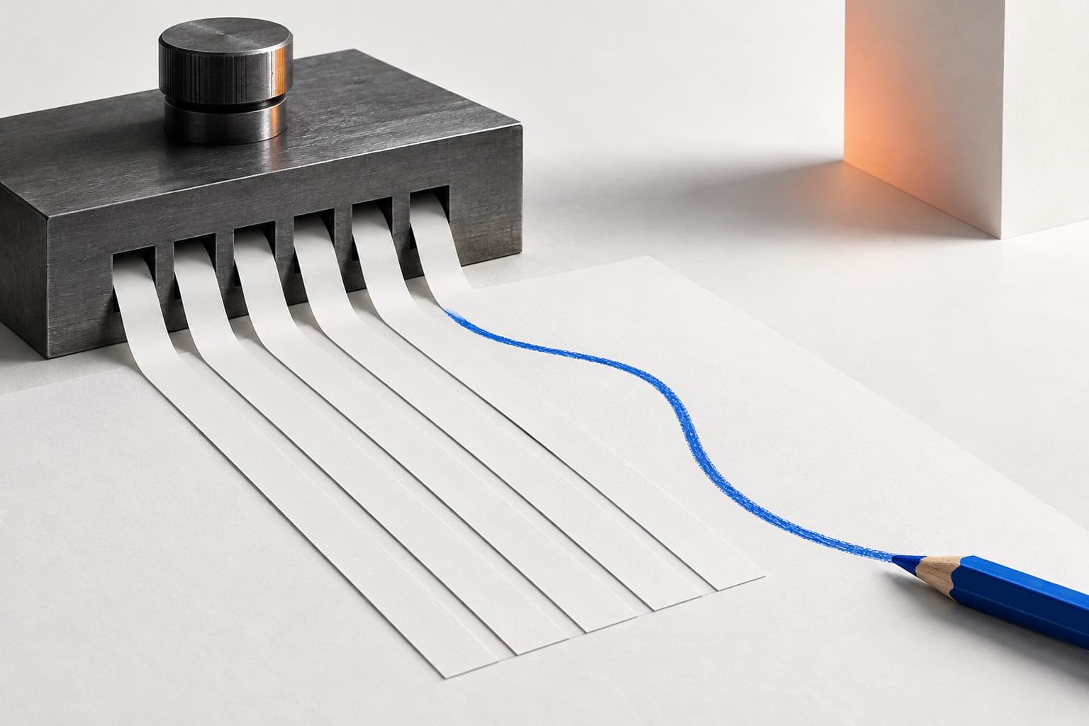 A graphite machine offers identical paper paths while one cobalt pencil line breaks away.